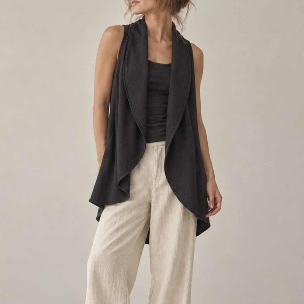 Bryn Walker Cardigan Vest Bamboo Organic Cotton Fleece Medium Black Lagenlook